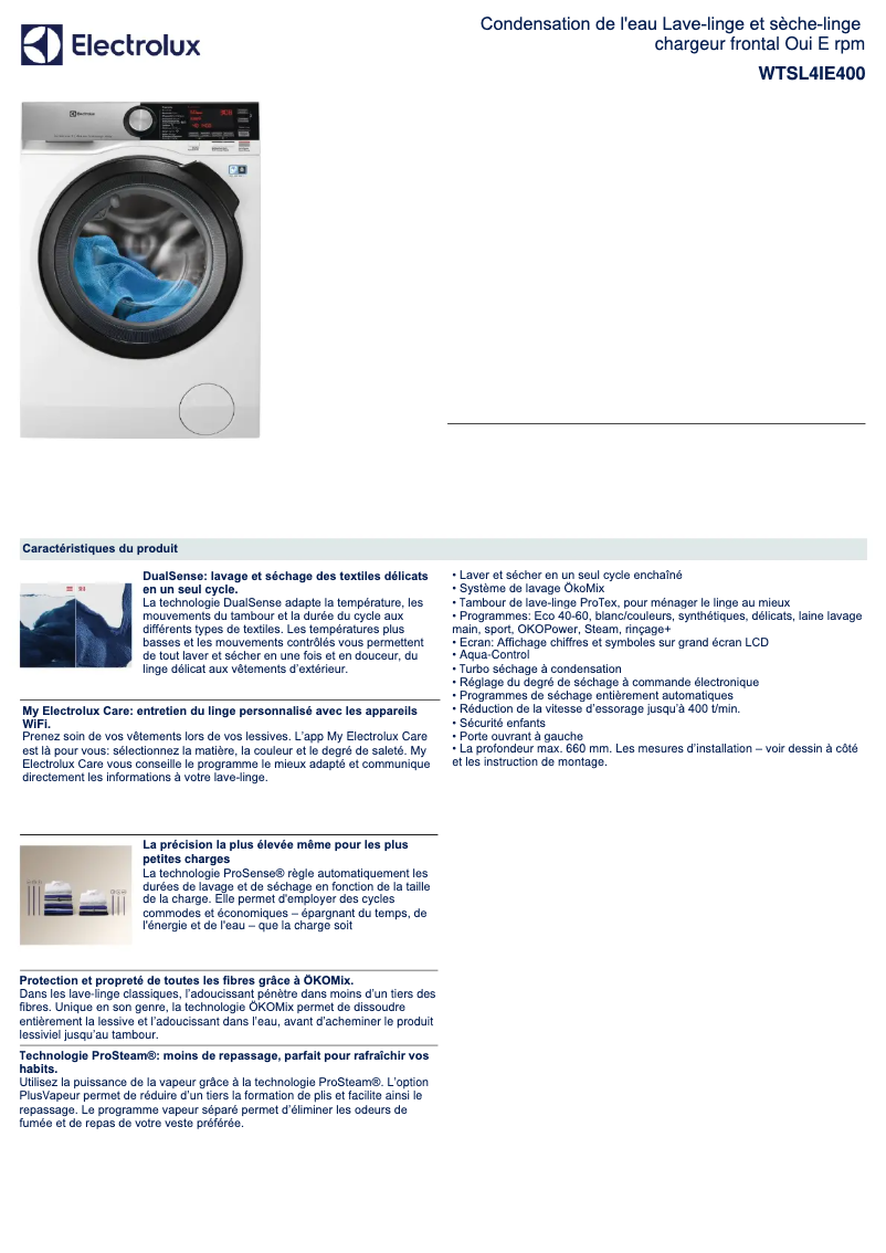 Page 1 de la notice Fiche technique Electrolux WTSL4IE400