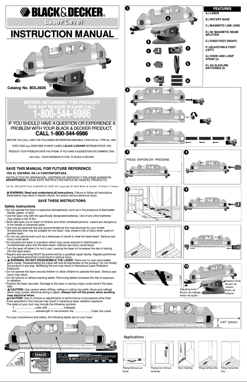 Page 1 de la notice Manuel utilisateur Black & Decker BDL260S