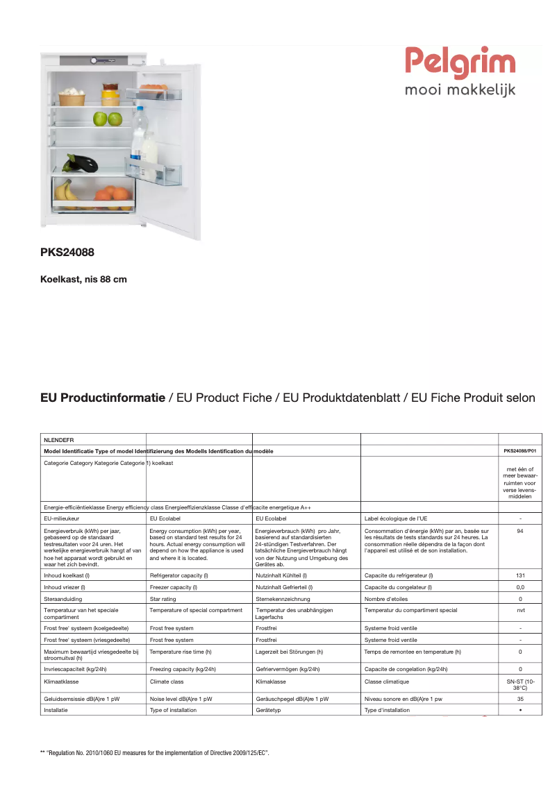 Page 1 de la notice Fiche technique Pelgrim PKS24088