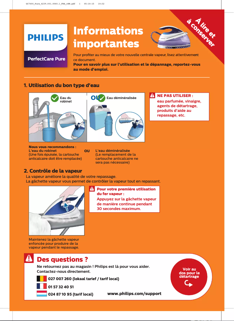 Page 1 de la notice Guide de démarrage rapide Philips PerfectCare Pure GC7642