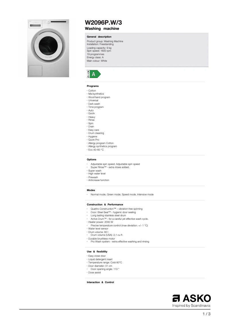 Page 1 de la notice Fiche technique Asko W2096P.W