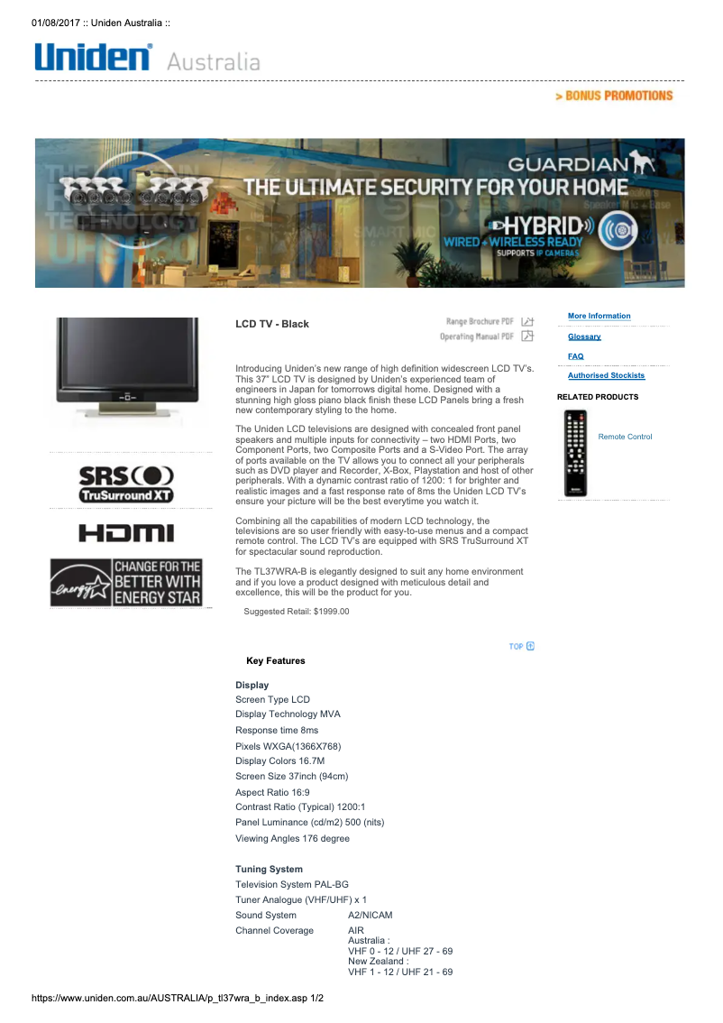 Image de la première page du manuel de l'appareil TL37WRA-B