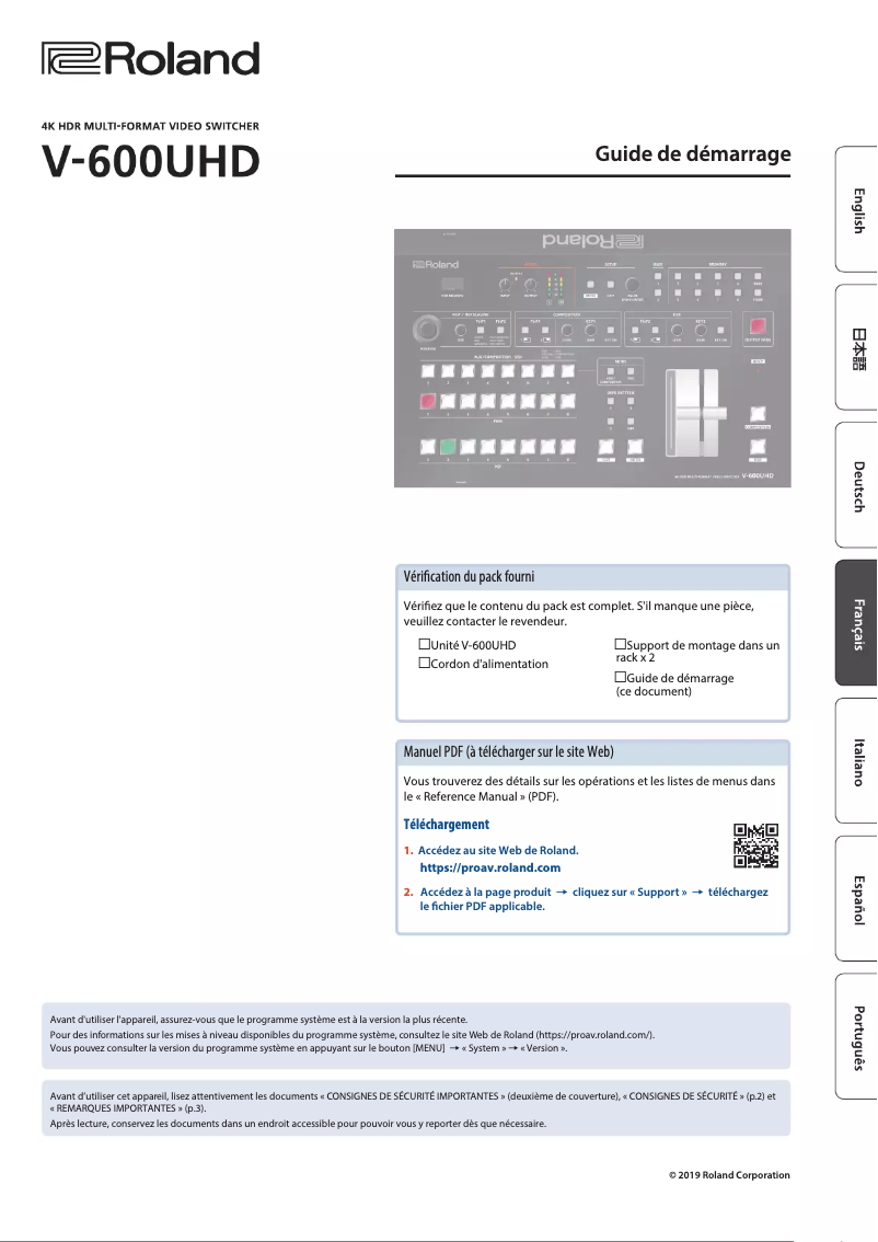 Image de la première page du manuel de l'appareil V-600UHD