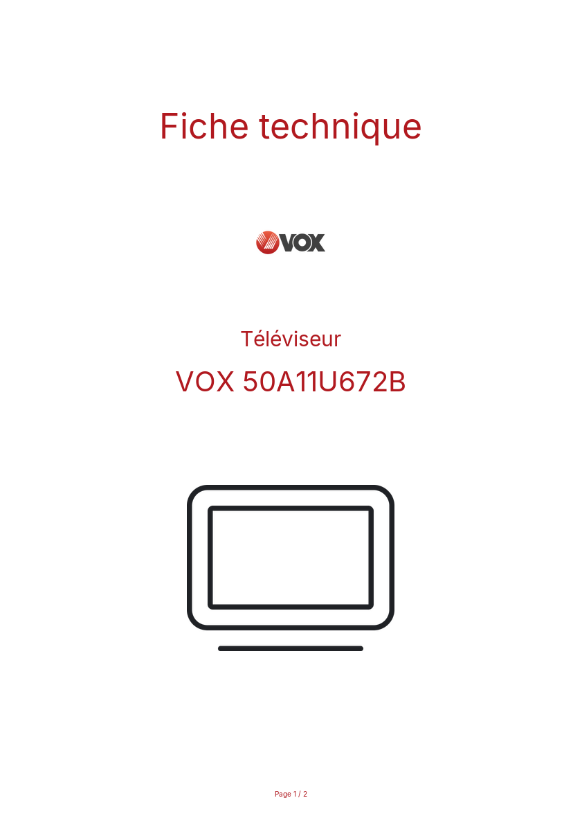 Page n°1 - Fiche technique VOX 50A11U672B