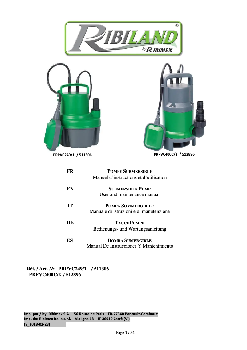 Page n°1 - Manuel utilisateur Ribimex Ribiland PRPVC249