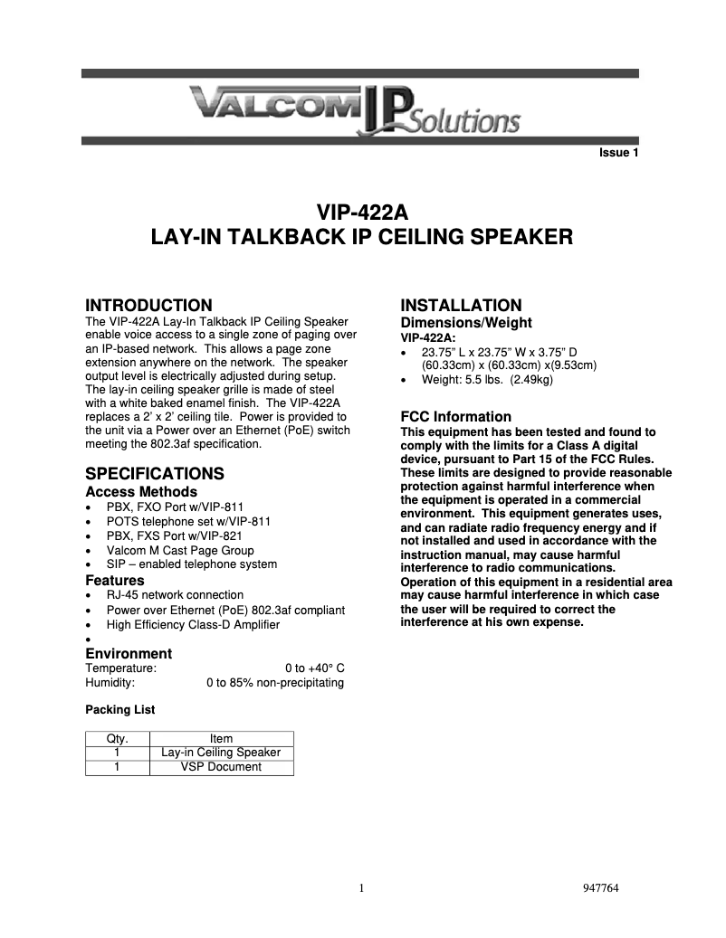 Image de la première page du manuel de l'appareil VIP-422A