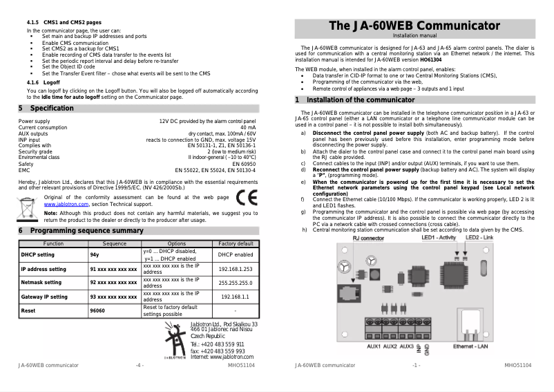Page 1 de la notice Manuel utilisateur Joblotron JA-60WEB