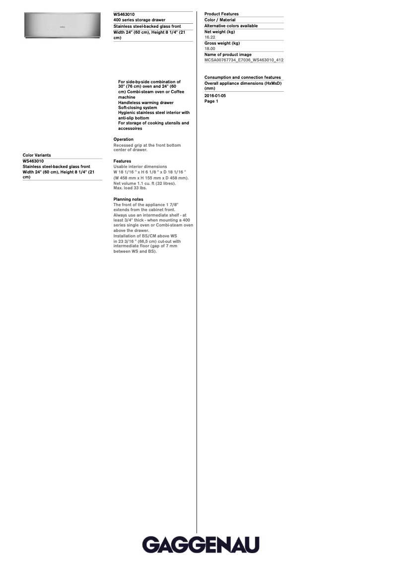 Page 1 de la notice Fiche technique Gaggenau WS463710