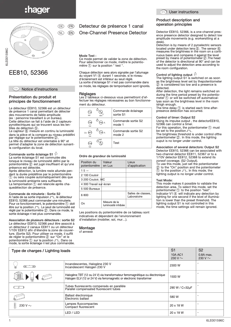 Page 1 de la notice Manuel utilisateur Hager EE810