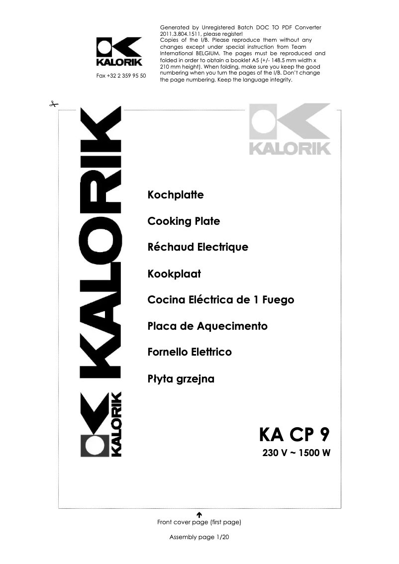 Page 1 de la notice Manuel utilisateur Kalorik KA CP 9