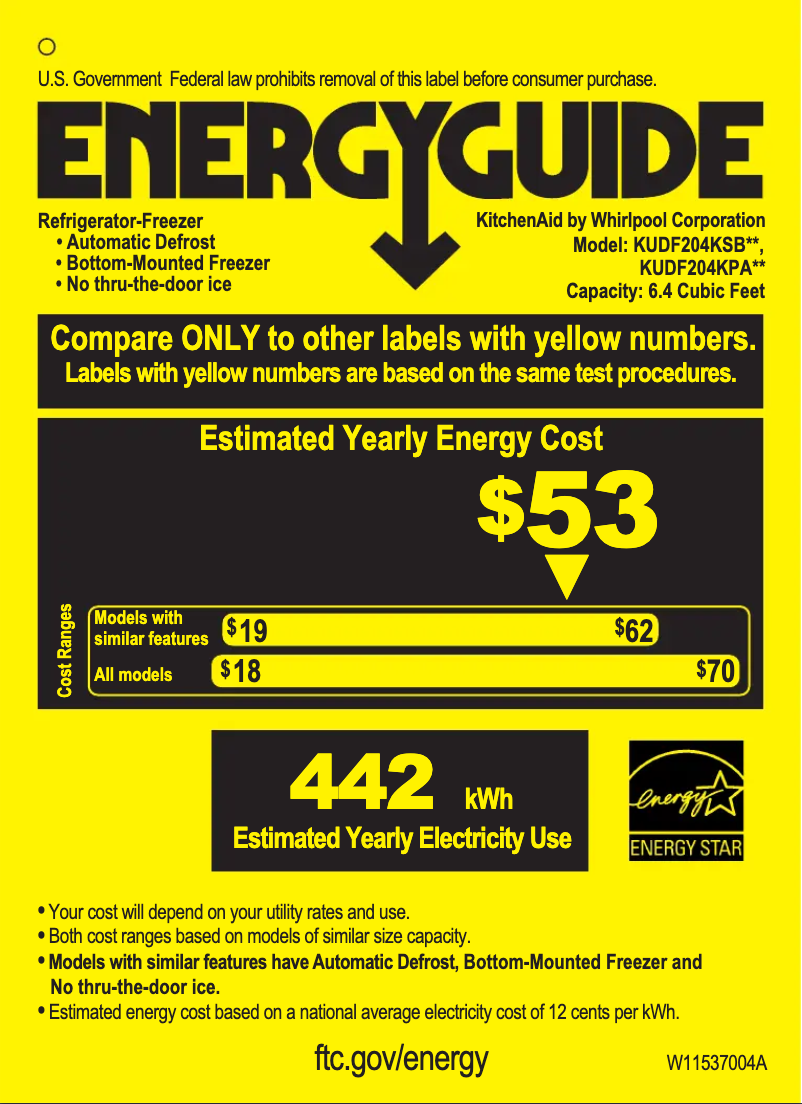 Page 1 de la notice Label énergétique KitchenAid KUWR214KSB