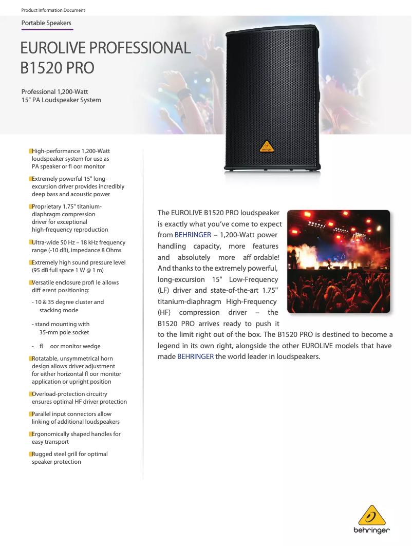 Page 1 de la notice Fiche technique Behringer Eurolive Professional B1520 PRO
