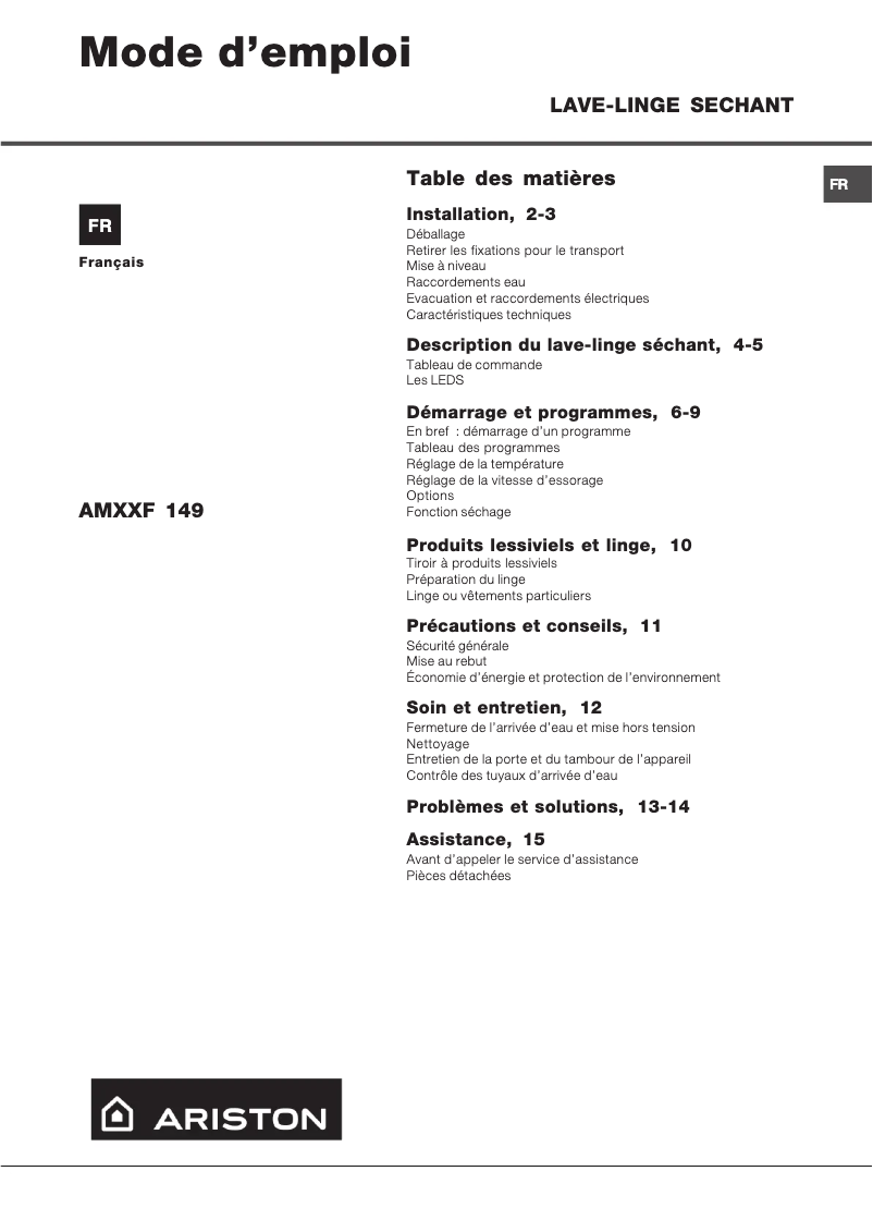 Page n°1 - Manuel utilisateur Hotpoint Ariston AMXXF 149