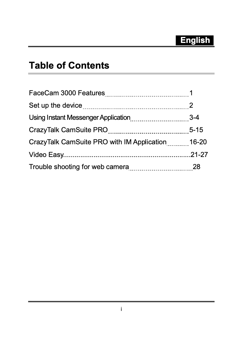 Image de la première page du manuel de l'appareil FaceCam 3000