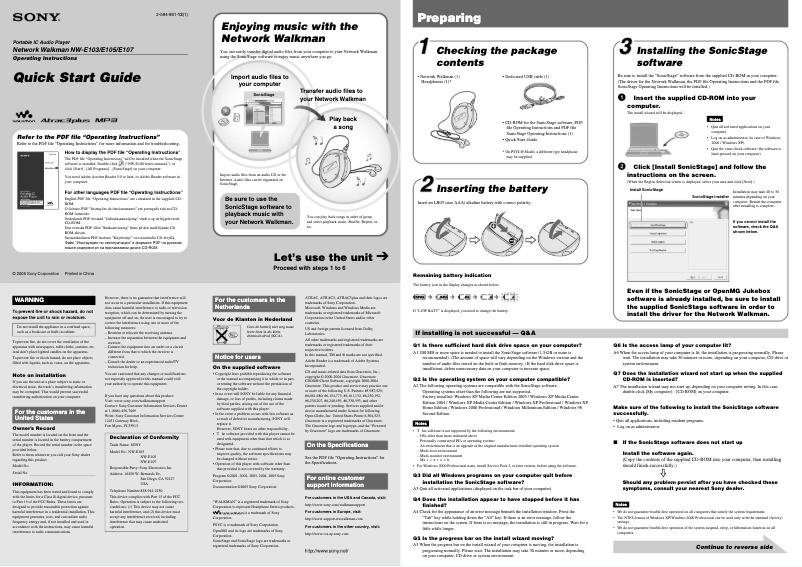 Page 1 de la notice Guide d'installation Sony NW-E103