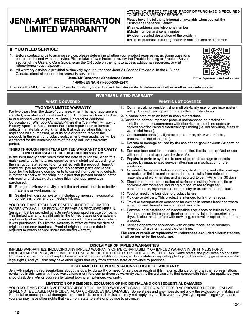 Page n°1 - Informations de garantie JennAir JUW24FRERS