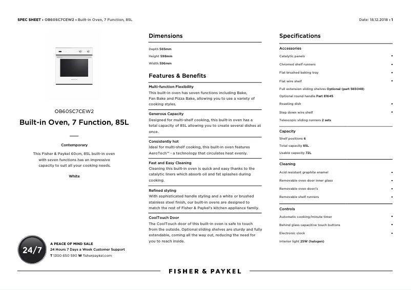 Page n°1 - Fiche technique Fisher & Paykel OB60SC7CEW2