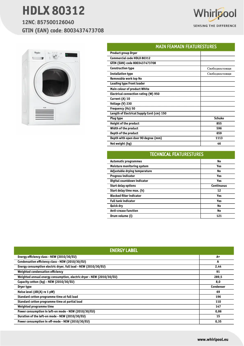 Page n°1 - Fiche technique Whirlpool HDLX 80312