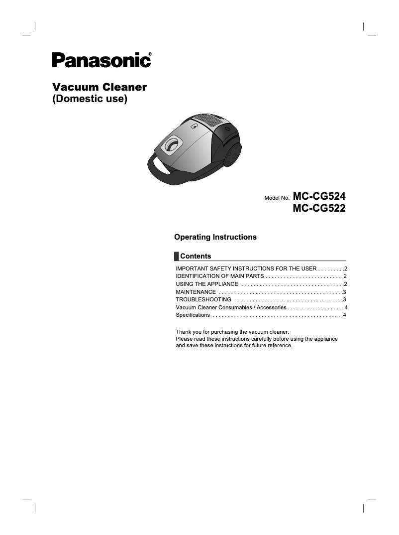 Image de la première page du manuel de l'appareil MC-CG524