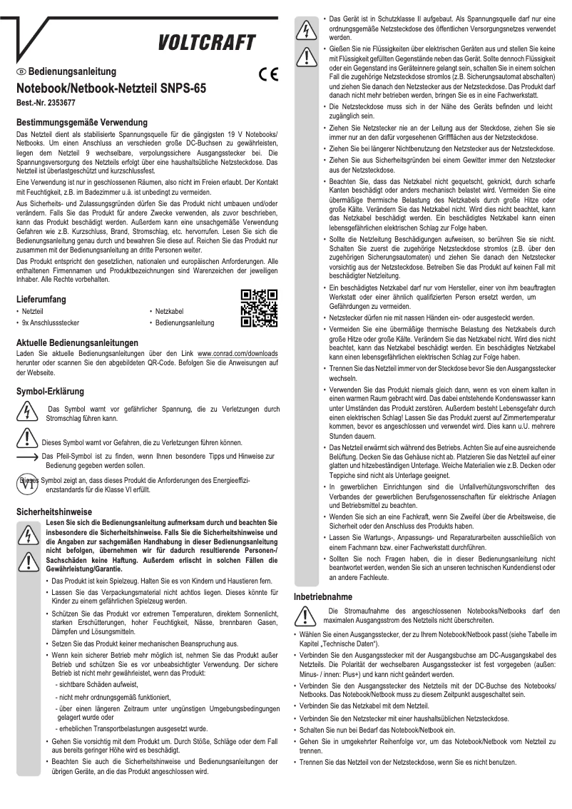 Page 1 de la notice Manuel utilisateur Voltcraft SNPS-65