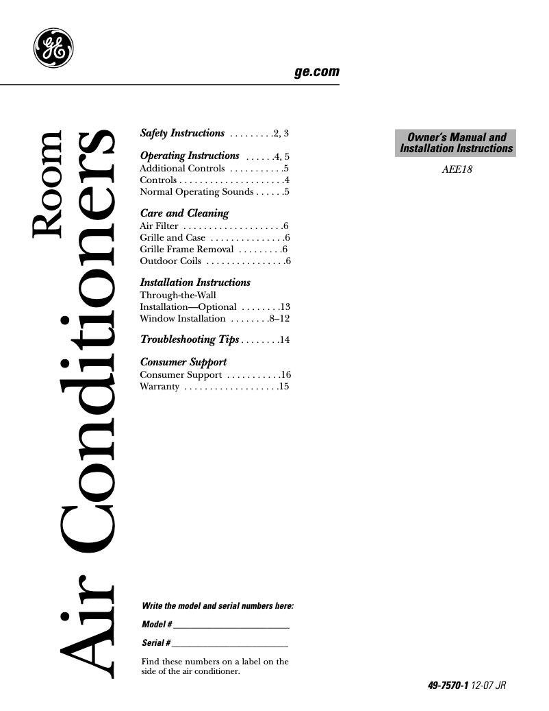 Page n°1 - Guide d'installation GE AEE18DK