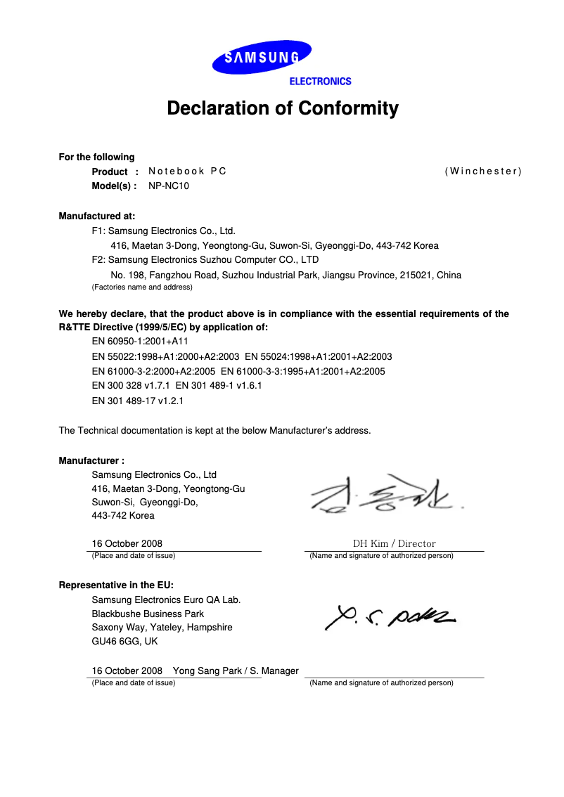 Page 1 de la notice Manuel utilisateur Samsung NC10