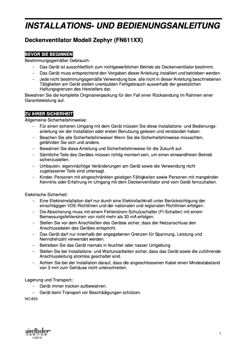 Página 1 del manual Manual de usuario AireRyder Zeyphyr