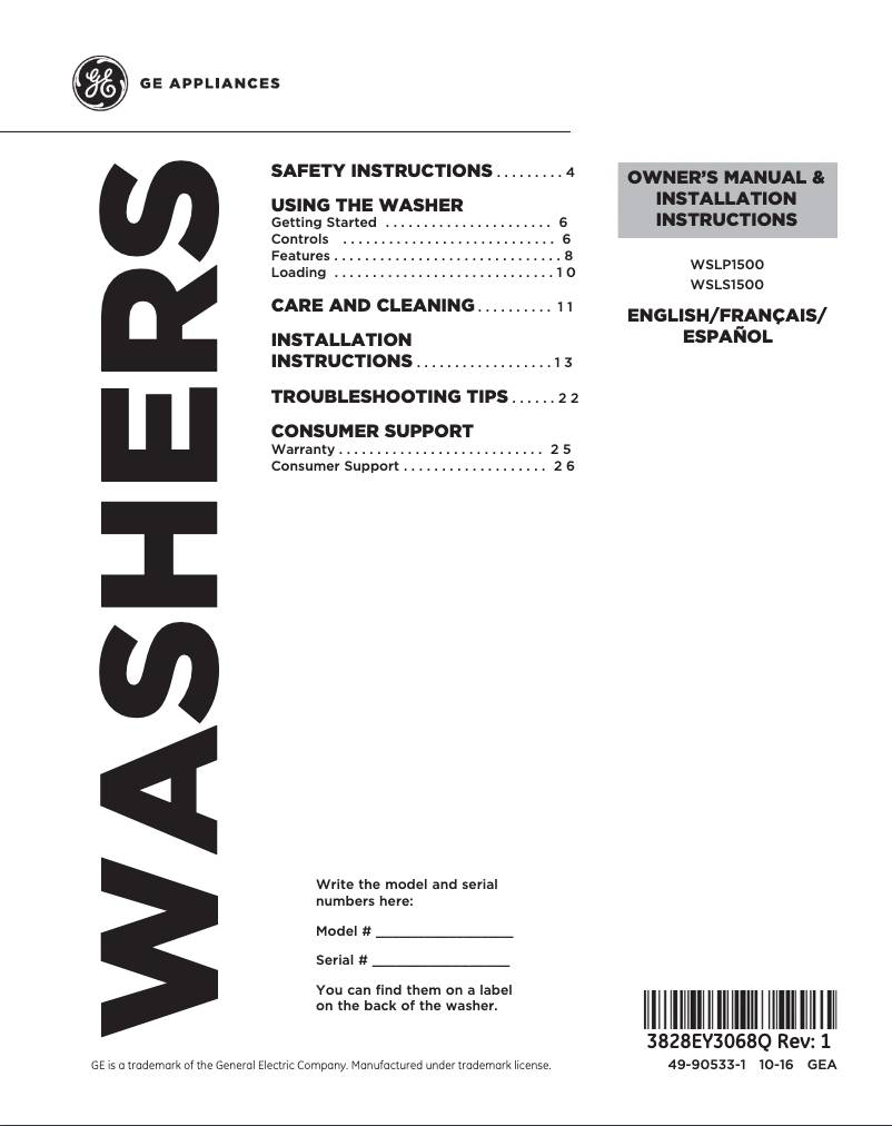 Page 1 de la notice Guide d'installation GE WSLS1500HWW