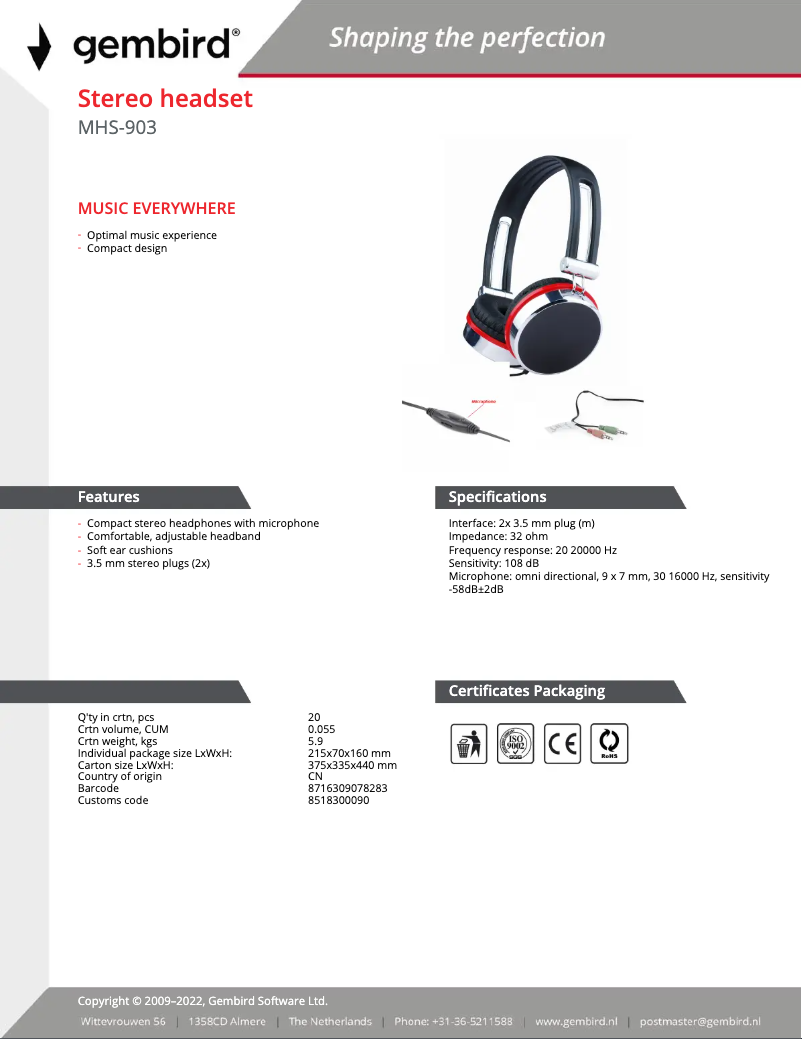 Page 1 de la notice Manuel utilisateur Gembird MHS-903