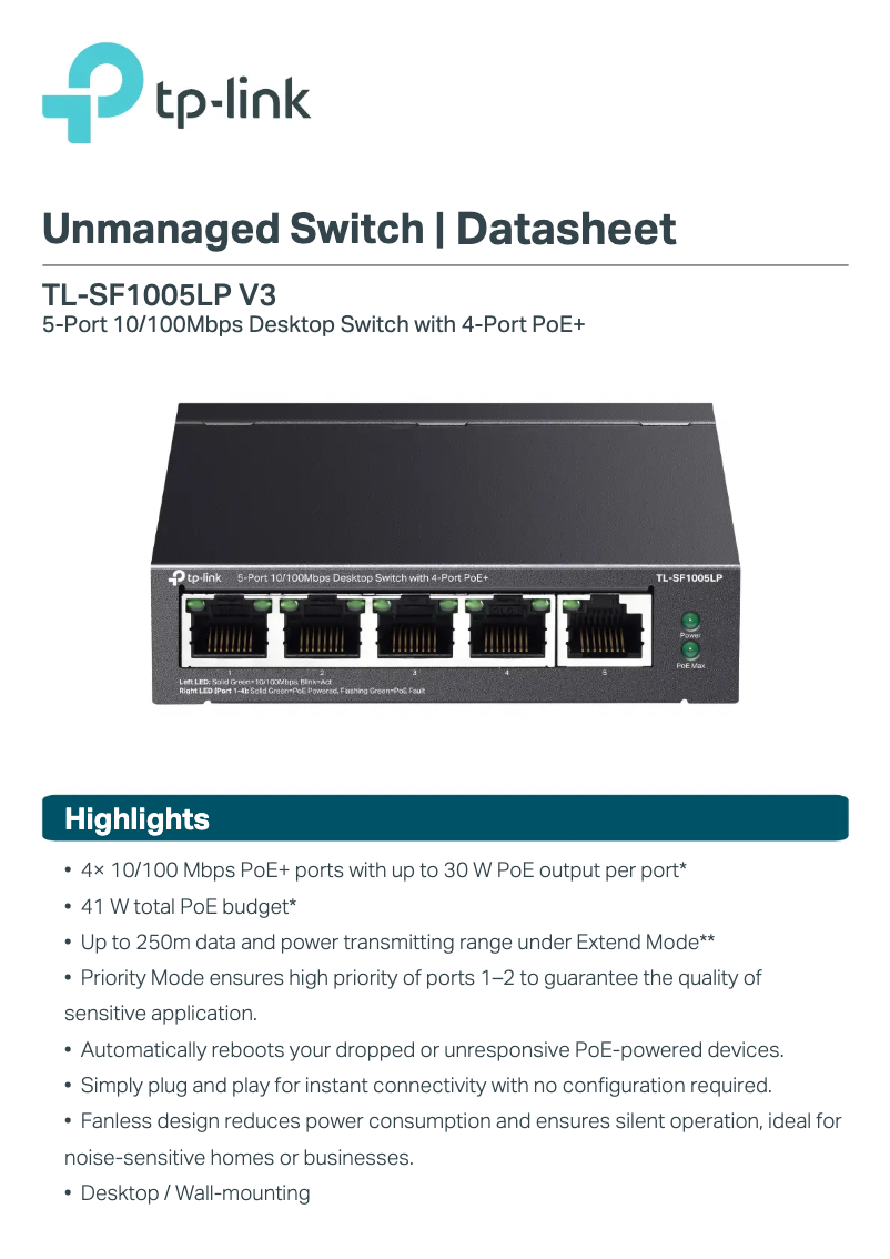 Page 1 de la notice Fiche technique TP-Link TL-SF1005LP