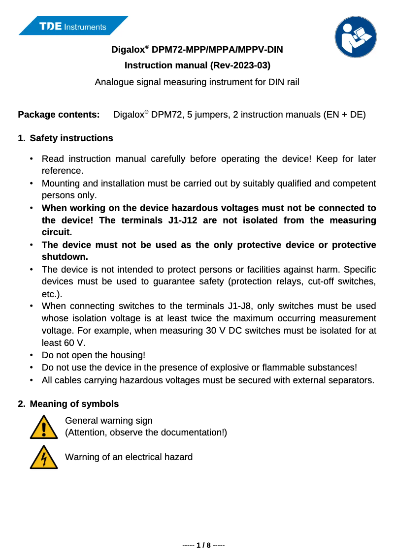 Image de la première page du manuel de l'appareil Digalox DPM72-MPPV-DIN