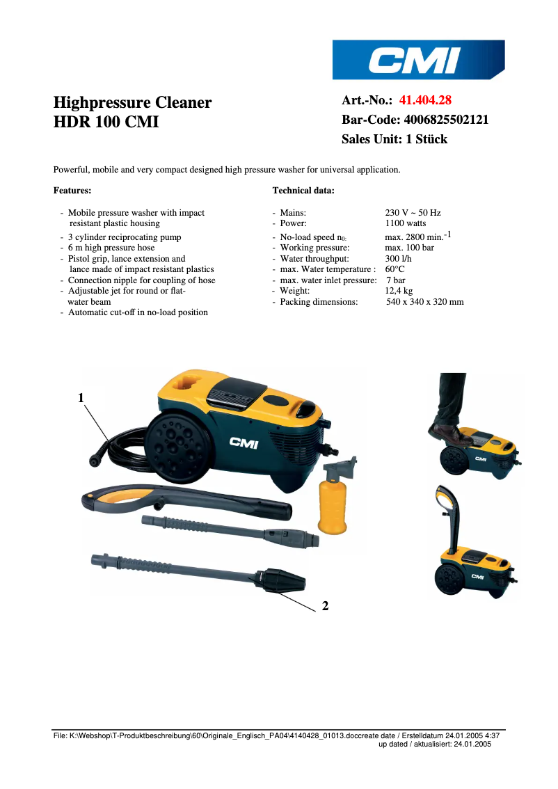 Page 1 de la notice Fiche technique CMI HDR 100