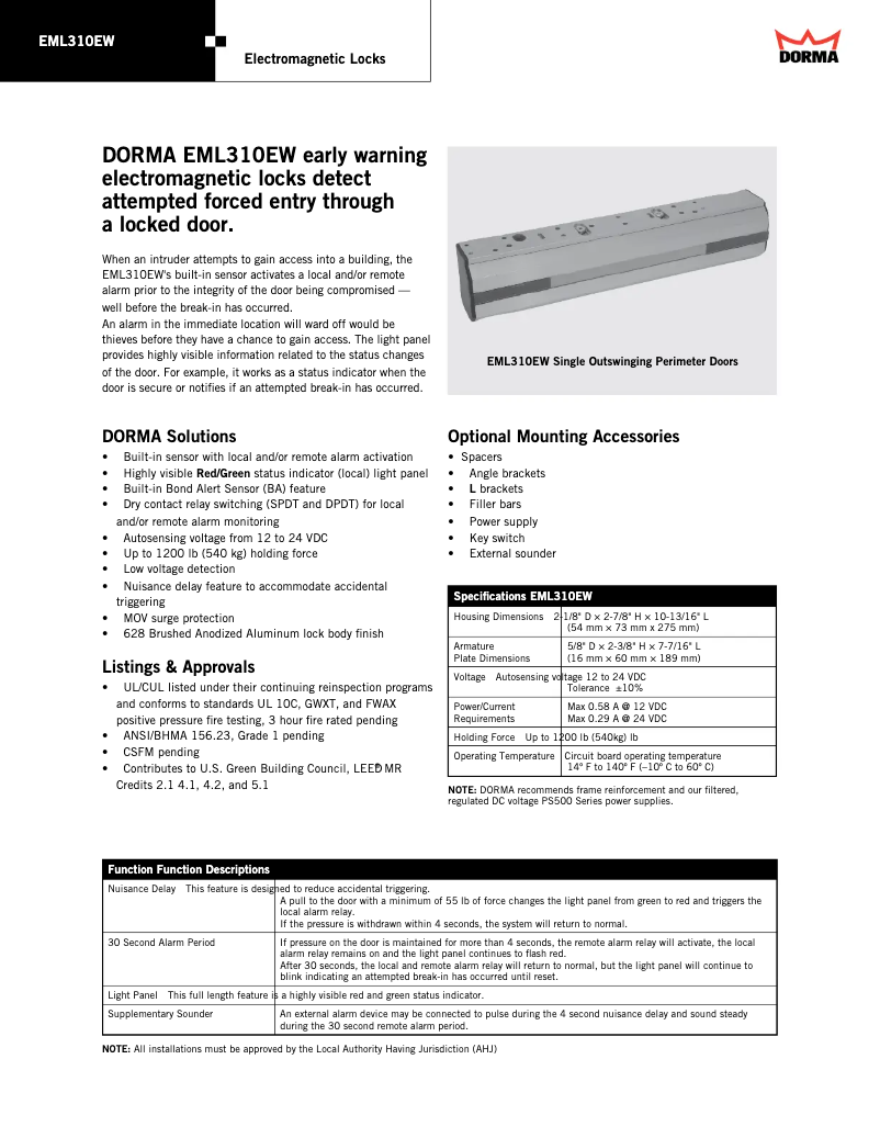 Page 1 de la notice Manuel utilisateur Dormakaba EML310EW