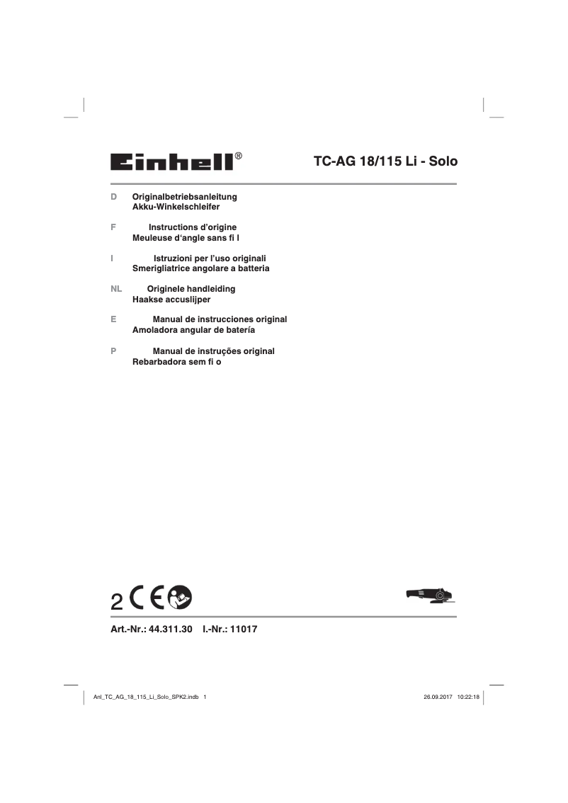 Page n°1 - Fiche technique Einhell TC-AG 18/115 Li-Solo