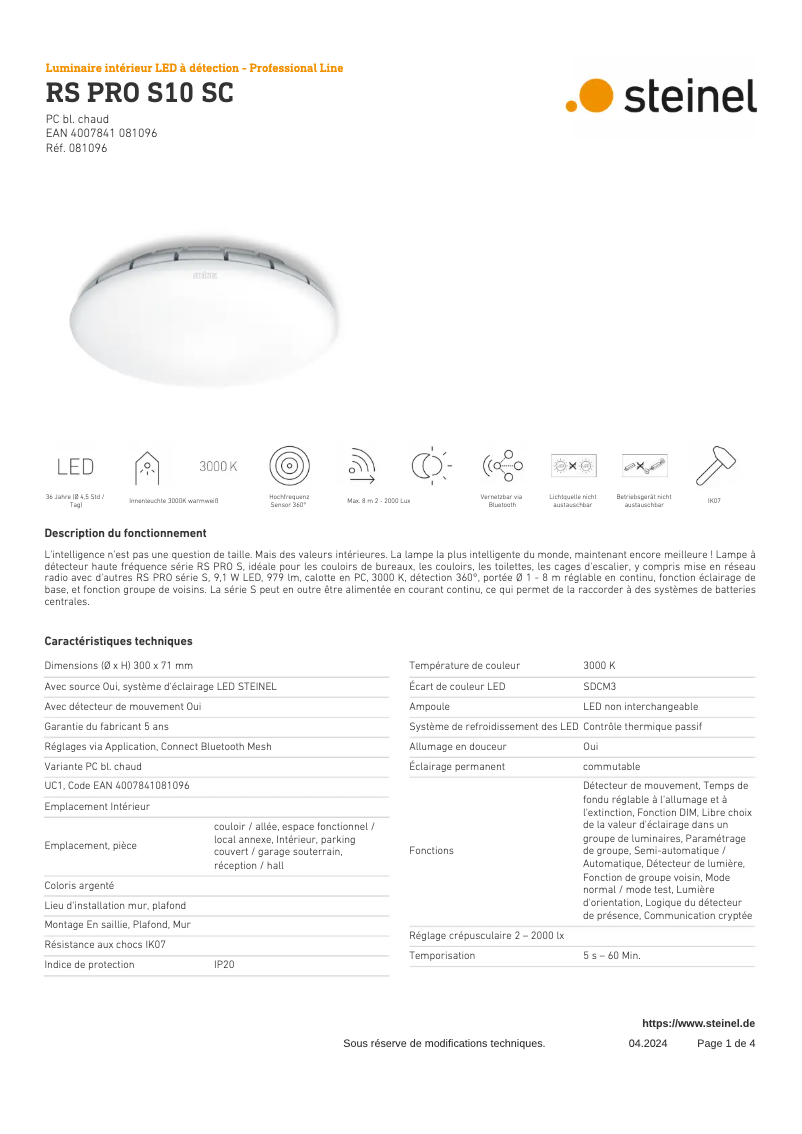 Page n°1 - Fiche technique Steinel RS PRO S10 SC