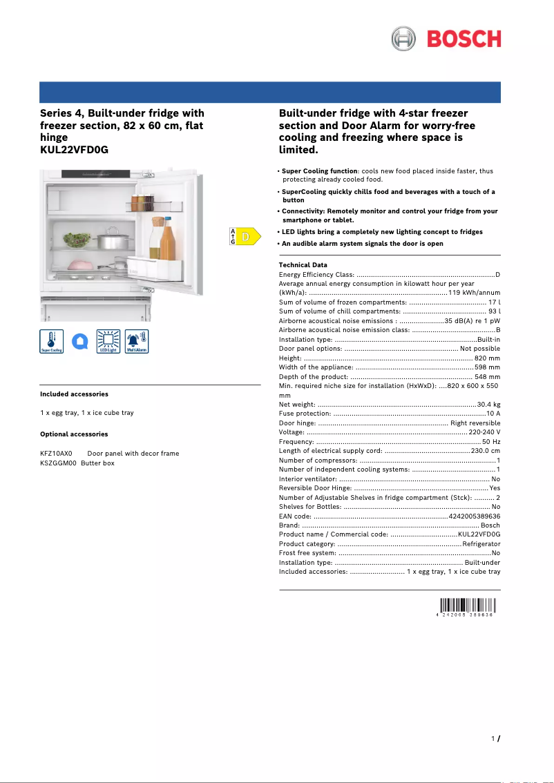Page 1 de la notice Fiche technique Bosch KUL22VFD0G