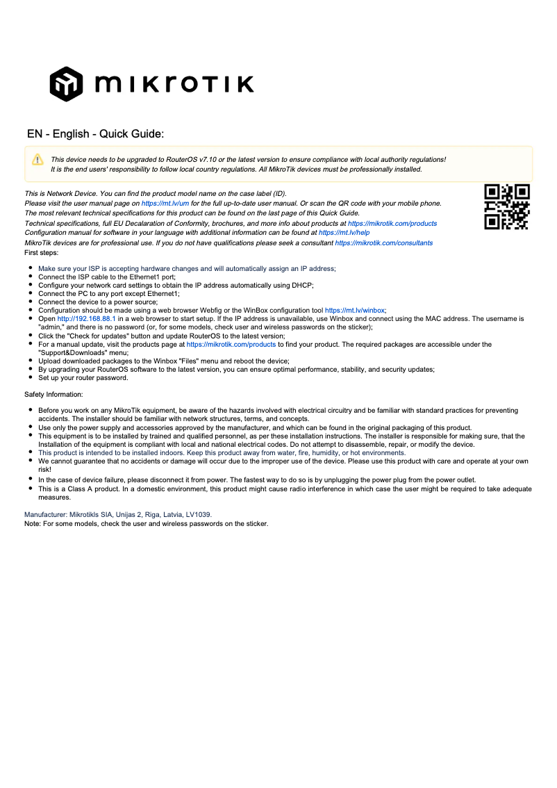 Page 1 de la notice Manuel utilisateur Mikrotik CRS106-1C-5S