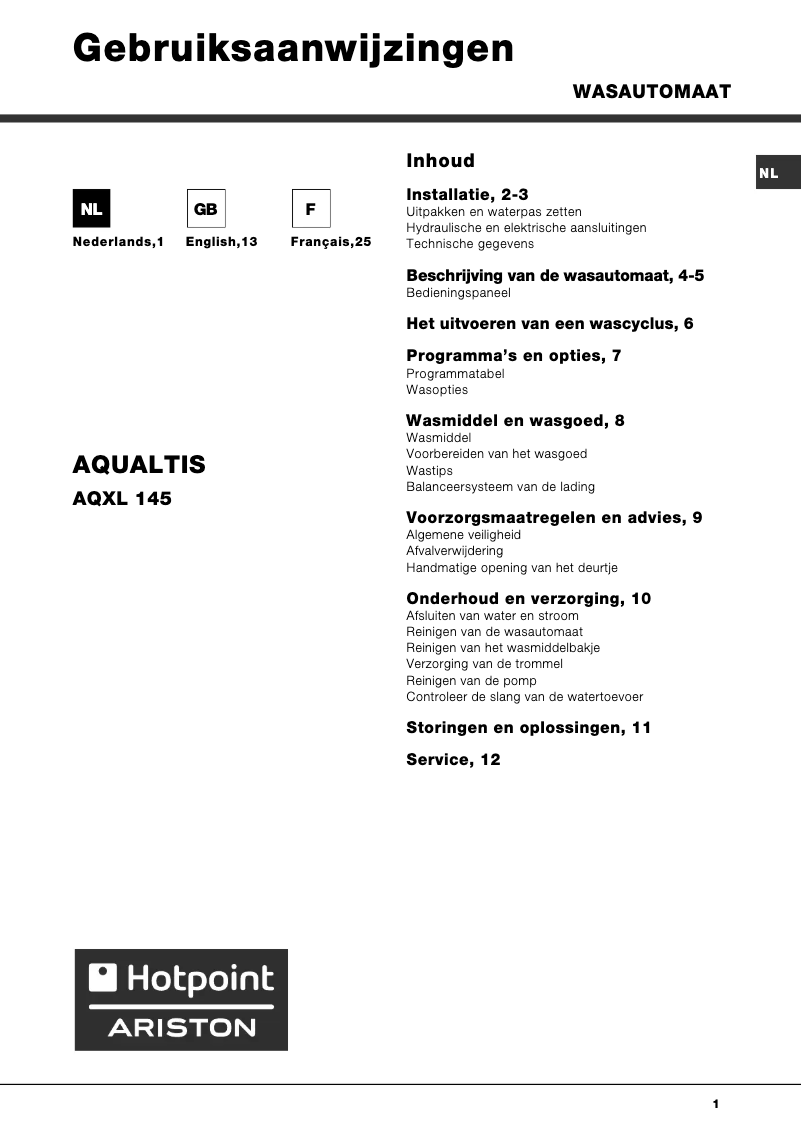 Page n°1 - Manuel utilisateur Hotpoint Ariston AQXL 145