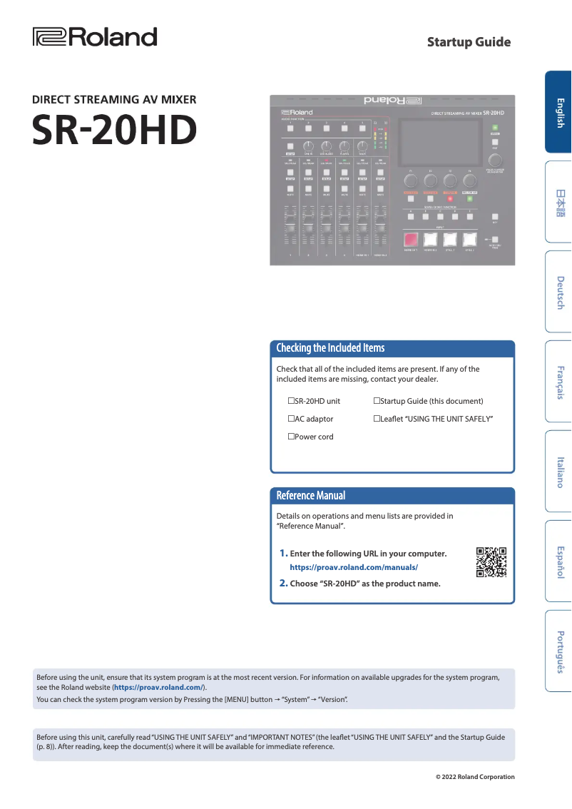 Page 1 de la notice Manuel utilisateur Roland SR-20HD