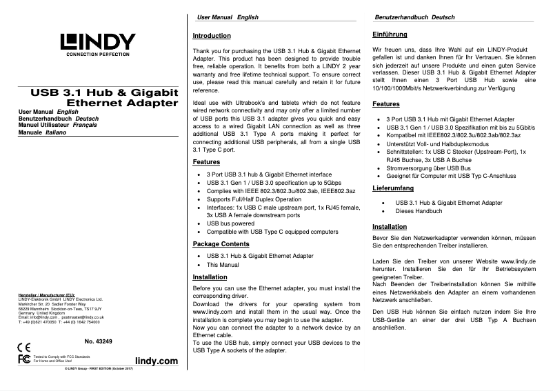 Page n°1 - Manuel utilisateur Lindy 43249