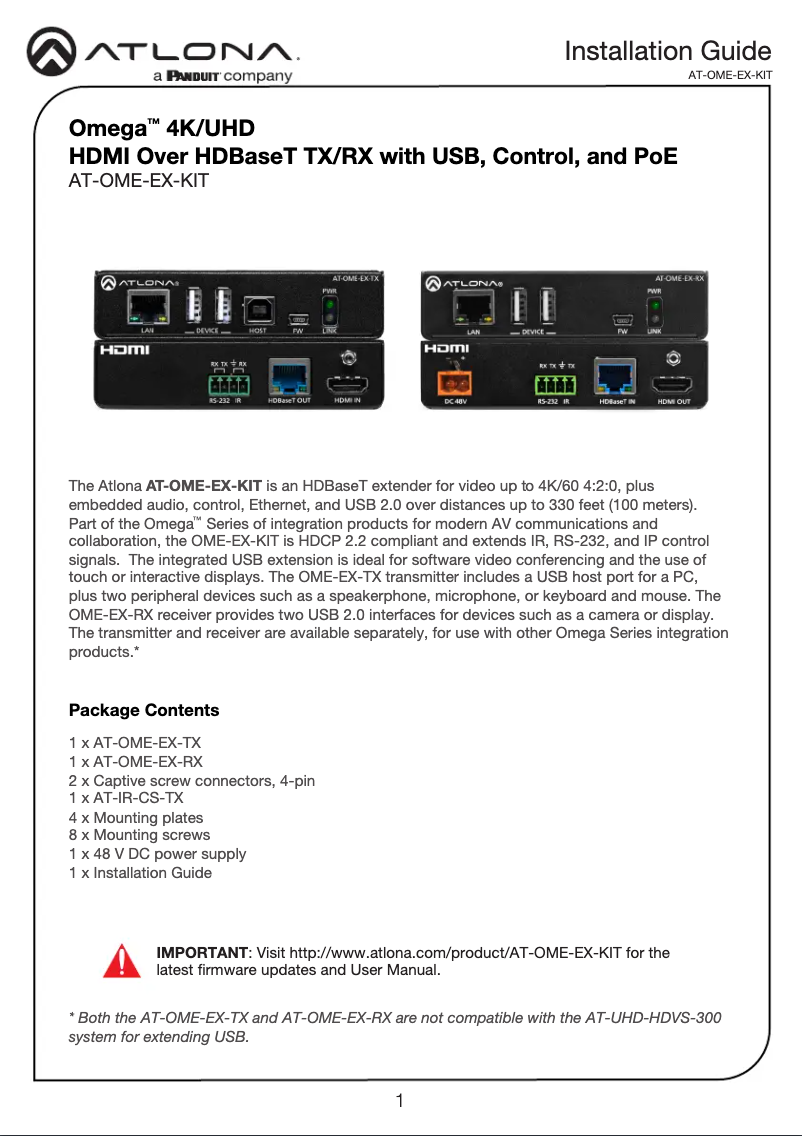 Page 1 de la notice Manuel utilisateur Atlona AT-OME-EX-KIT