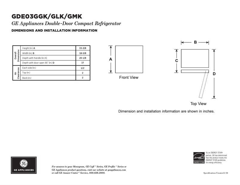 Página 1 del manual Ficha técnica GE GDE03GLKLB