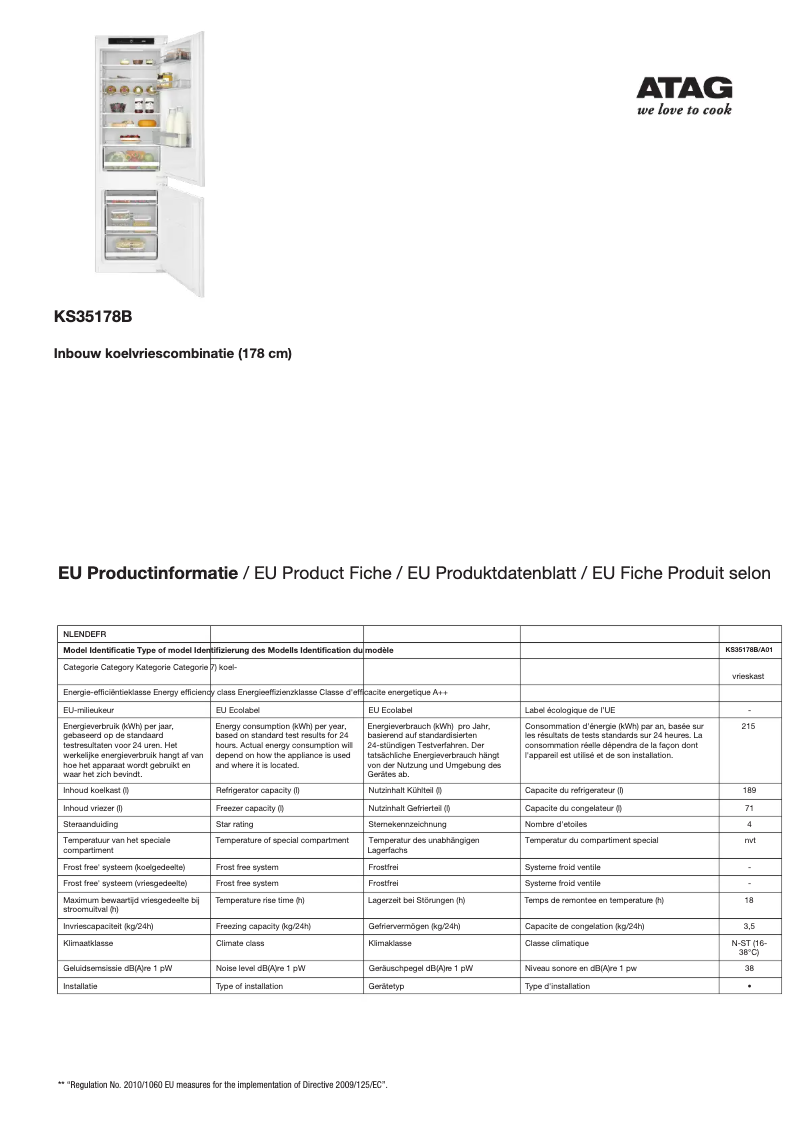 Page n°1 - Fiche technique Atag KS35178B
