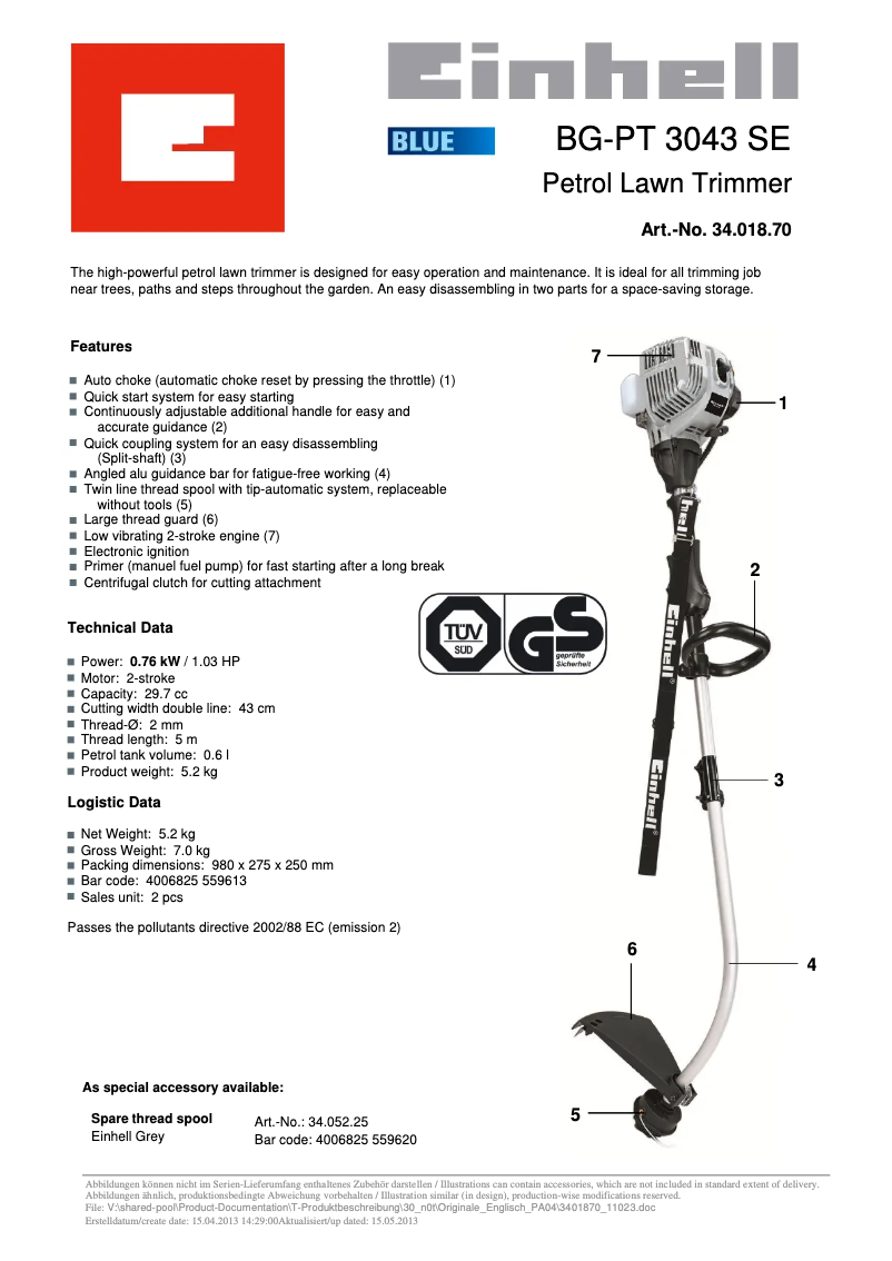 Page n°1 - Manuel utilisateur Einhell BG-PT 3043 SE