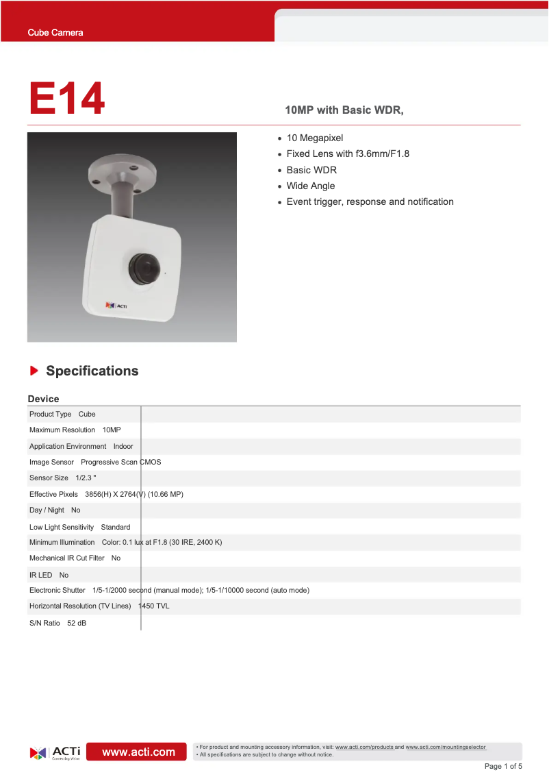 Page n°1 - Fiche technique ACTi E14