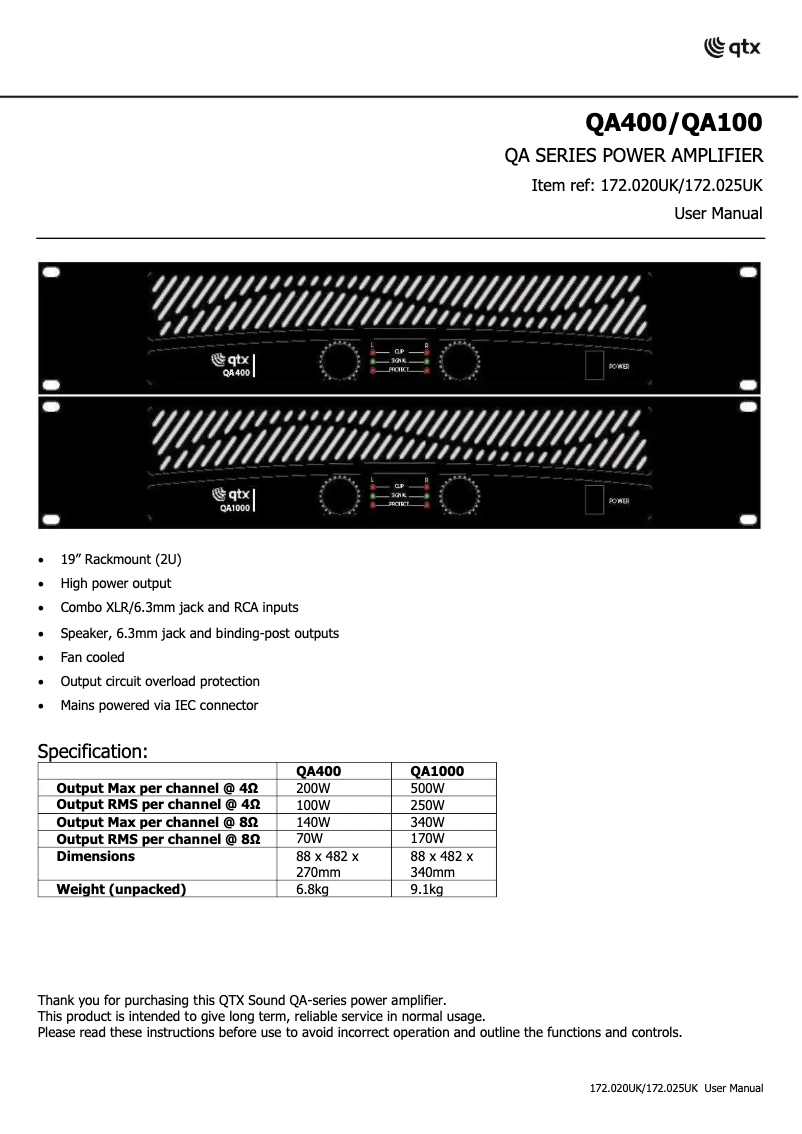 Page n°1 - Manuel utilisateur Qtx QA400