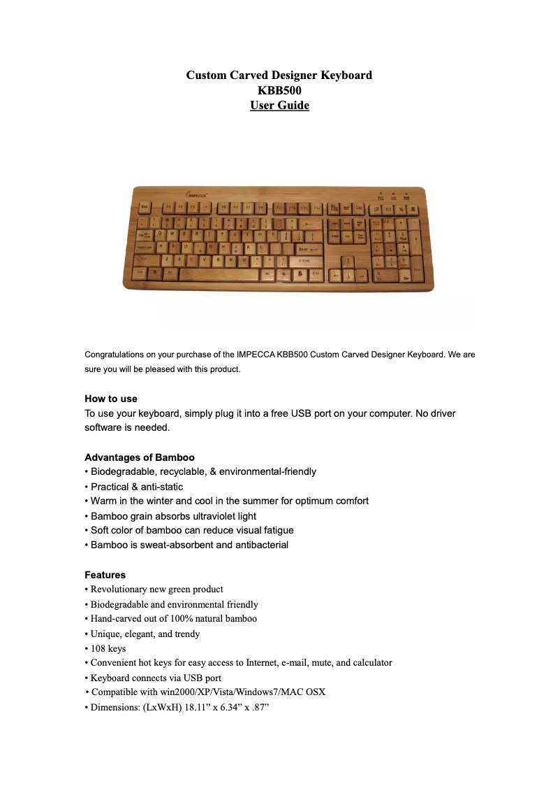 Page n°1 - Manuel utilisateur Impecca KBB500