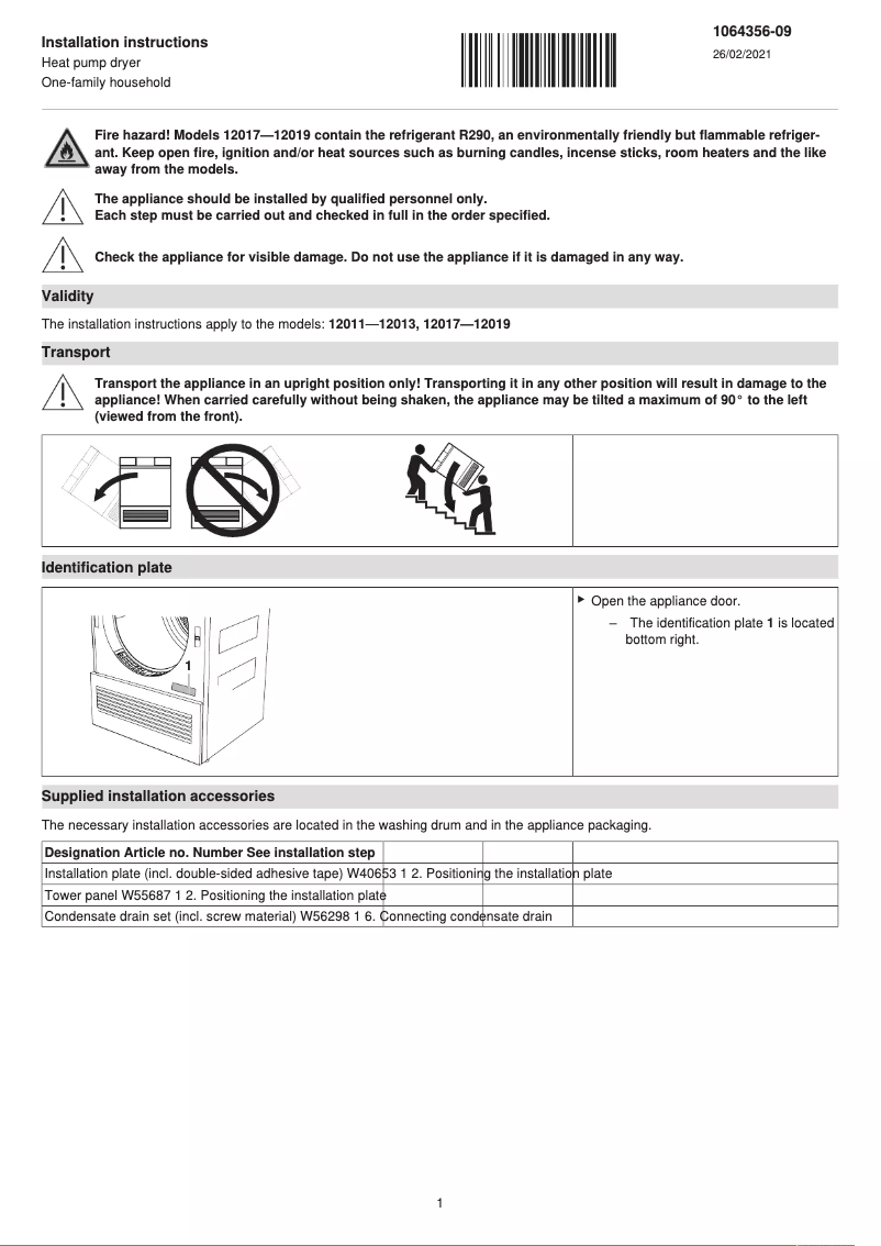 Página 1 del manual Guía de instalación V-Zug AdoraDry V6000