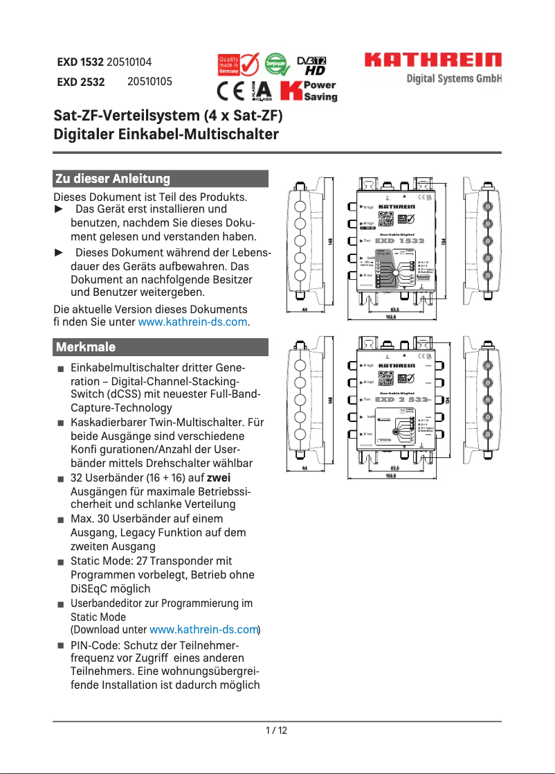 Page 1 de la notice Fiche technique Kathrein EXD 1532