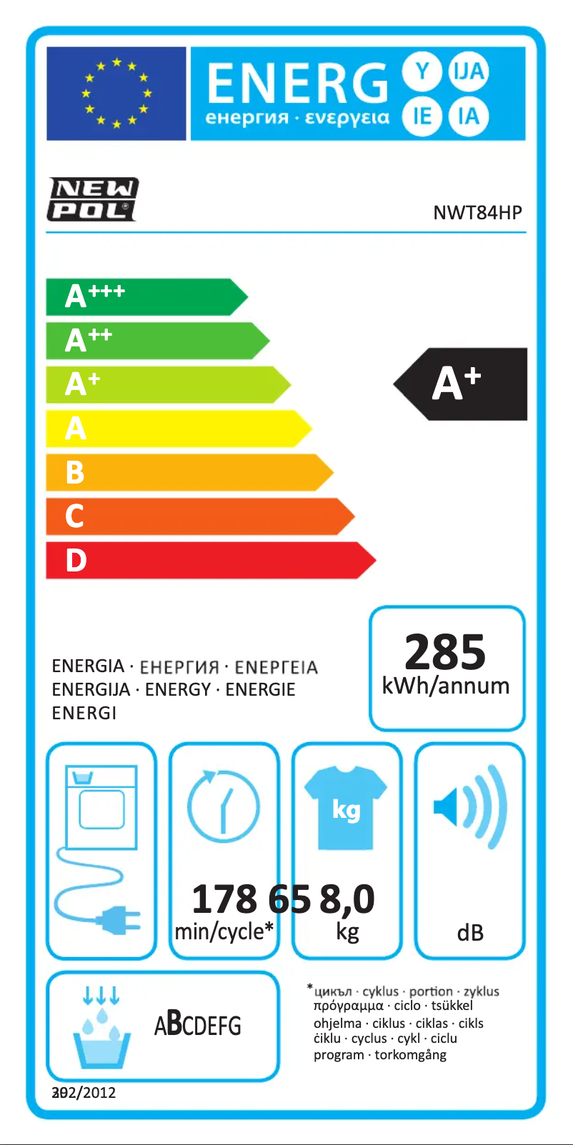 Page n°1 - Label énergétique New Pol NWT84HP